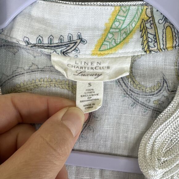 Charter Club Luxury Linen Tunic Top Women's S White Green Paisley Boho (1180) - Picture 2 of 11